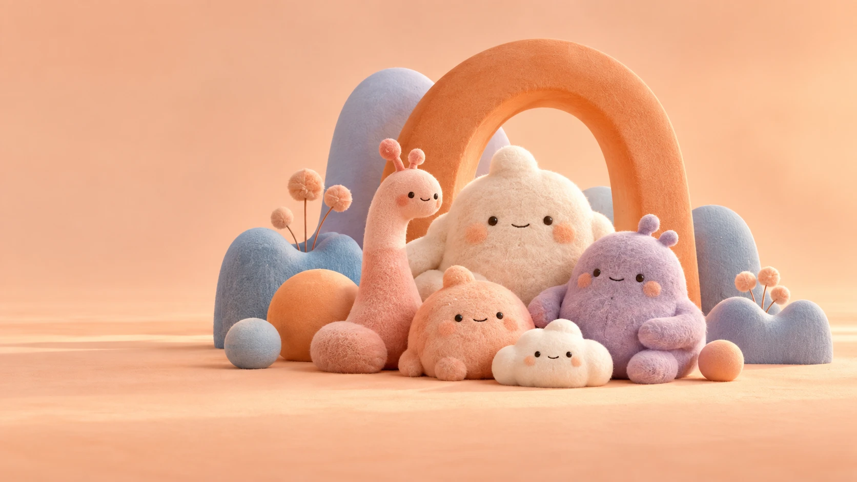 Soft felt characters among playful peach, lilac, and blue sculptural forms